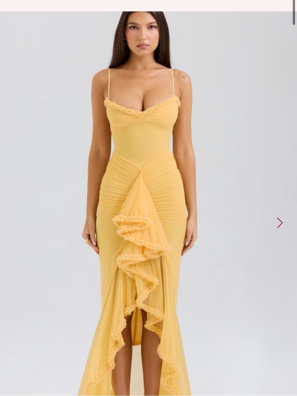 House of CB Yellow Ruffled High-Low Mesh Gown